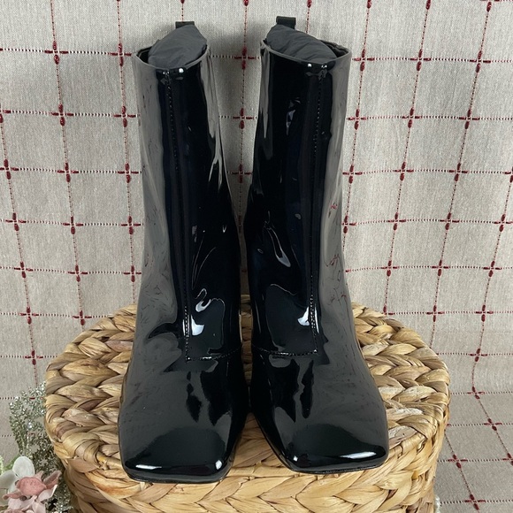 Good American Black Patent Leather Ankle Boots GA165P-X Glossy Square Toe 7.5 - Picture 3 of 7